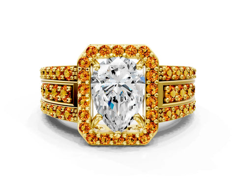 Yellow gold Pear Cut Halo Diamond Ring with Round with Citrine side stone Split Shank and Prong Setting