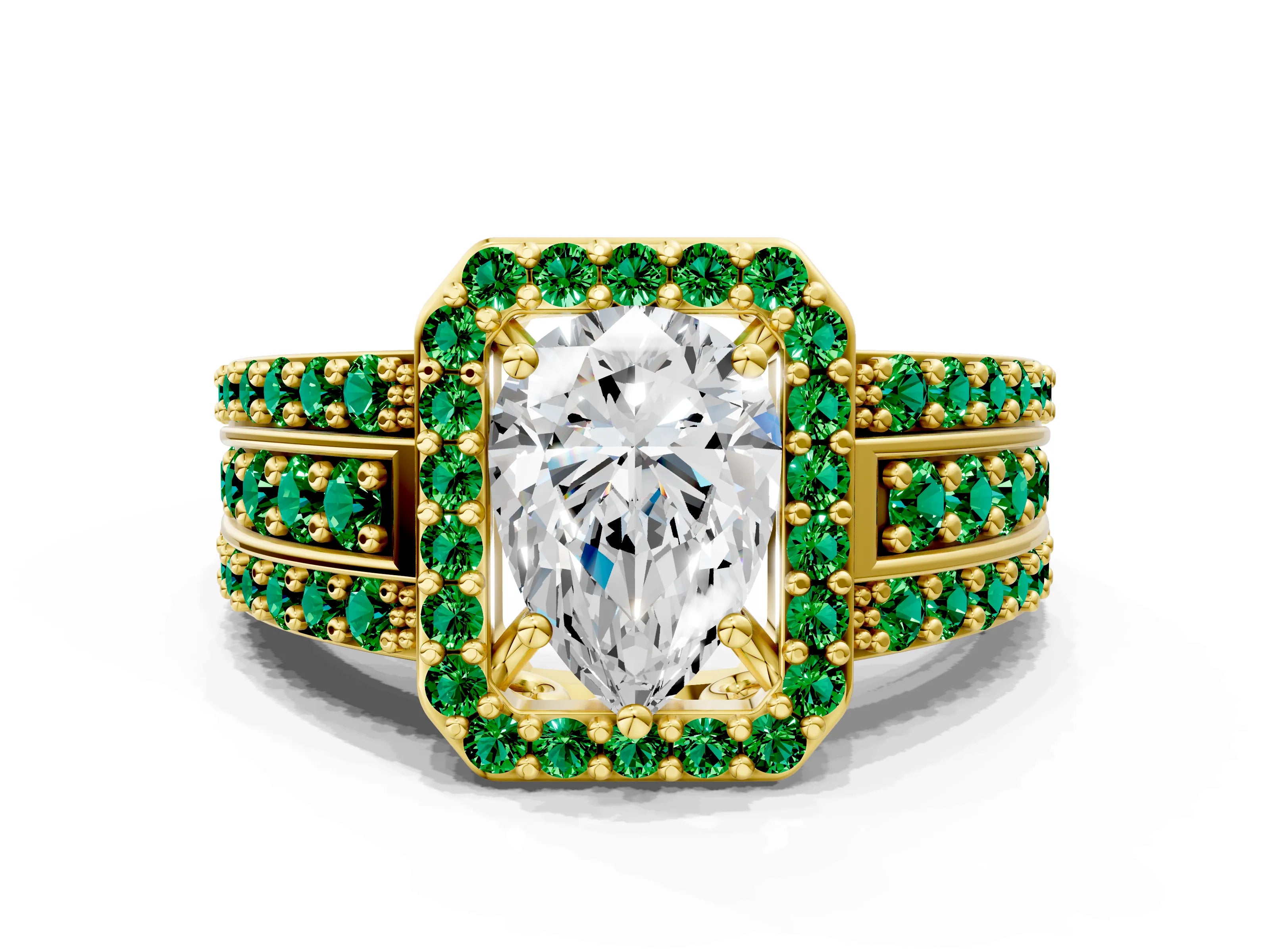 Yellow gold Pear Cut Halo Diamond Ring with Round with Emerald side stone Split Shank and Prong Setting
