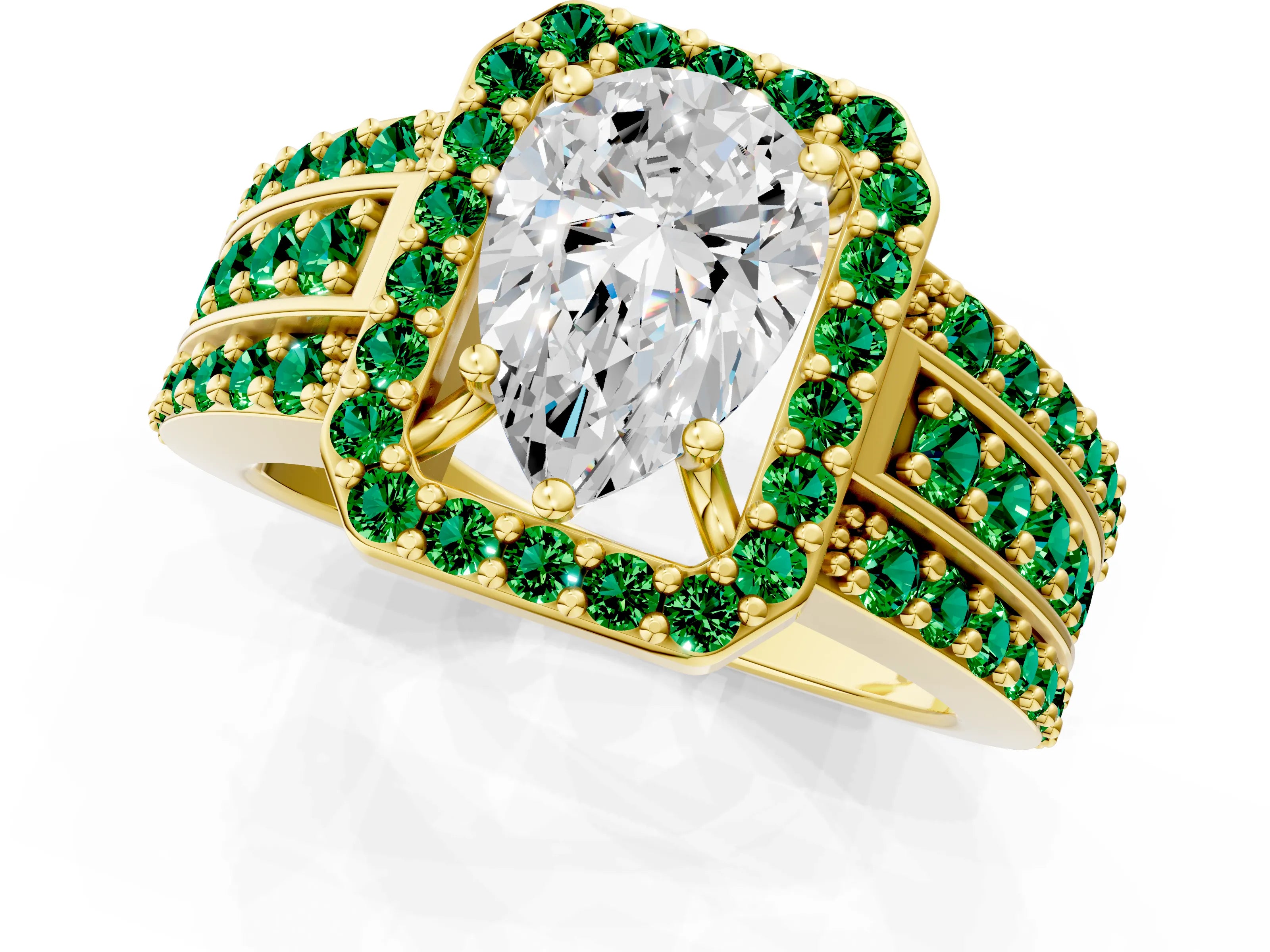 Yellow gold Pear Cut Halo Diamond Ring with Round with Emerald side stone Split Shank and Prong Setting_1