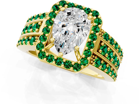 Yellow gold Pear Cut Halo Diamond Ring with Round with Emerald side stone Split Shank and Prong Setting_1