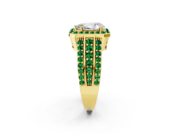 Yellow Gold Pear-Shaped Halo Engagement Ring Setting with Lab-Grown Emerald Three Row Pave Band