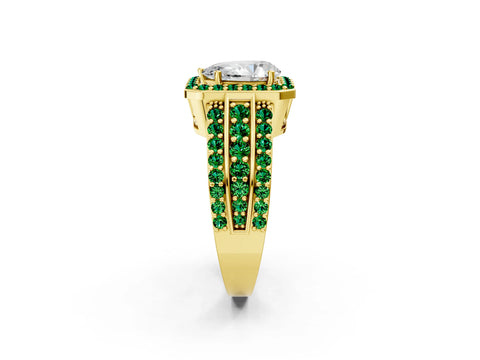 Yellow gold Pear Cut Halo Diamond Ring with Round with Emerald side stone Split Shank and Prong Setting_2