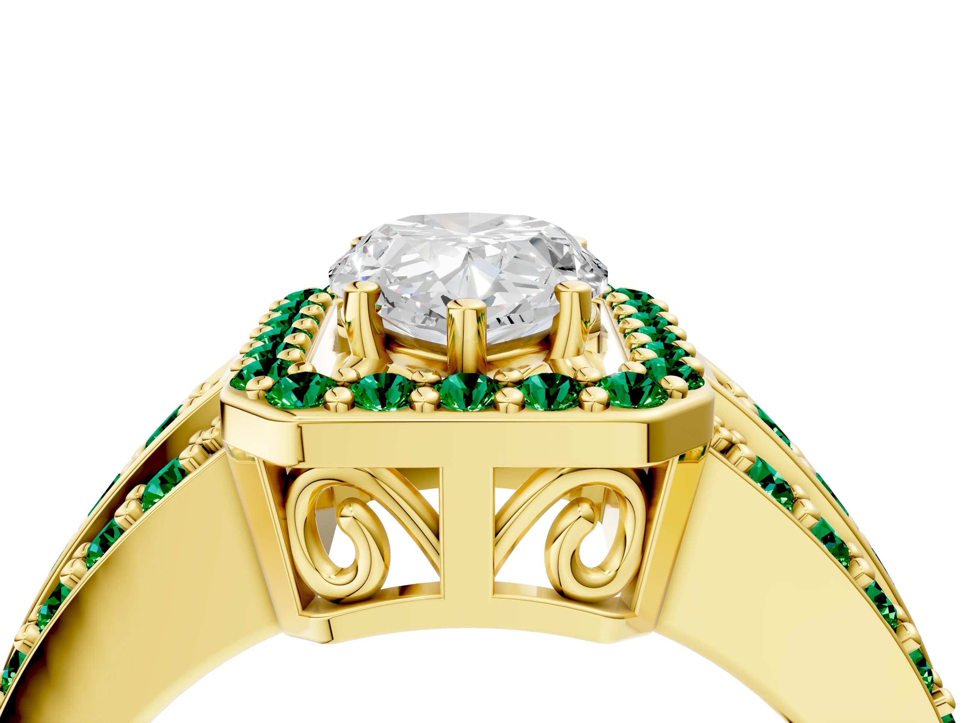 Yellow gold Pear Cut Halo Diamond Ring with Round with Emerald side stone Split Shank and Prong Setting_4