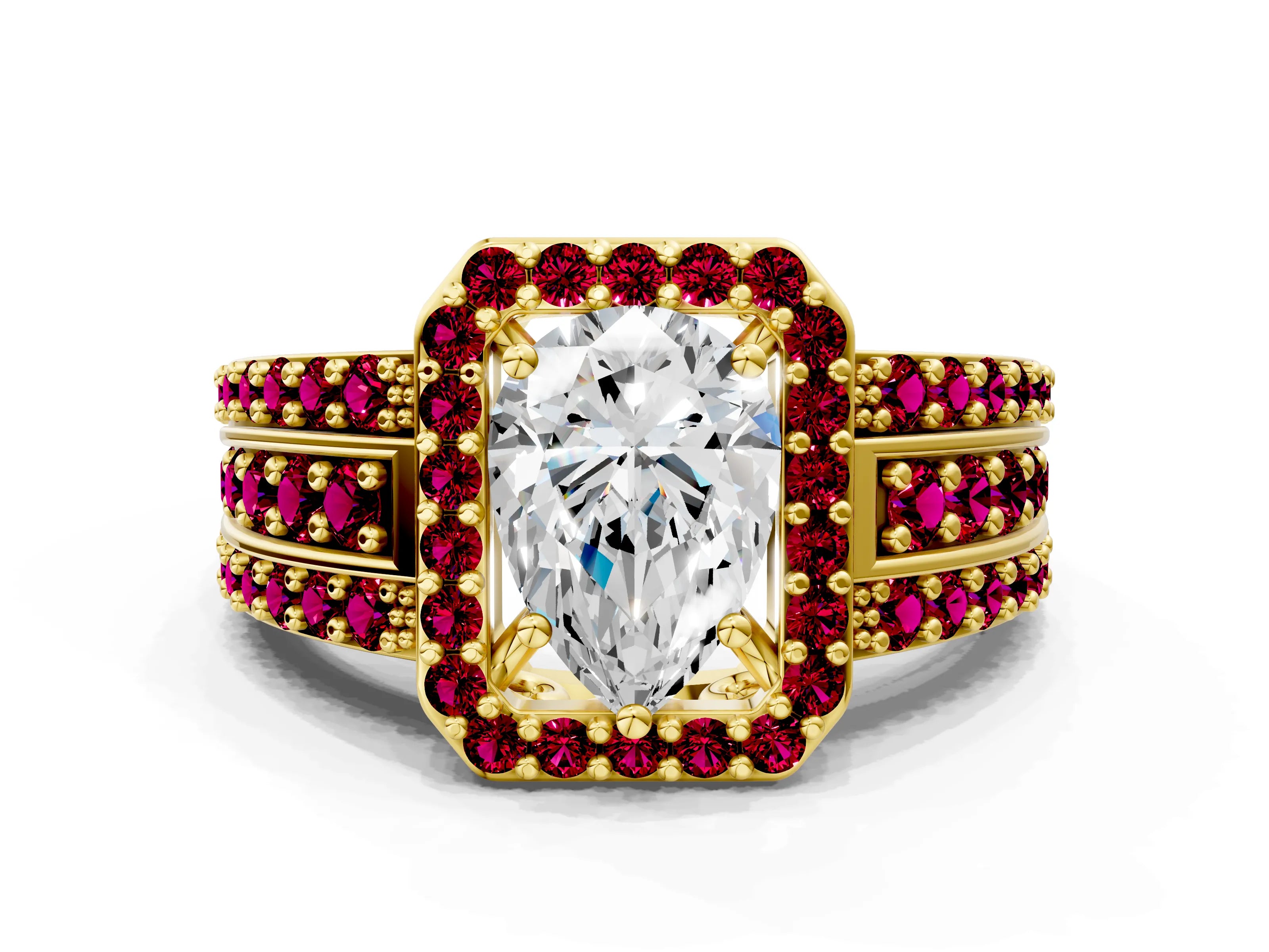 Yellow gold Pear Cut Halo Diamond Ring with Round with Garnet side stone Split Shank and Prong Setting