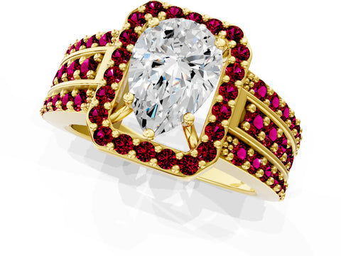 Yellow gold Pear Cut Halo Diamond Ring with Round with Garnet side stone Split Shank and Prong Setting_1