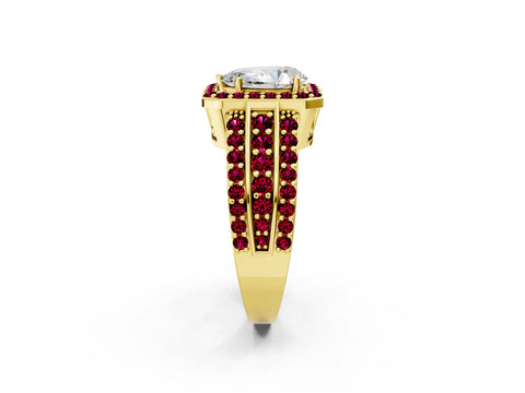 Yellow gold Pear Cut Halo Diamond Ring with Round with Garnet side stone Split Shank and Prong Setting_2