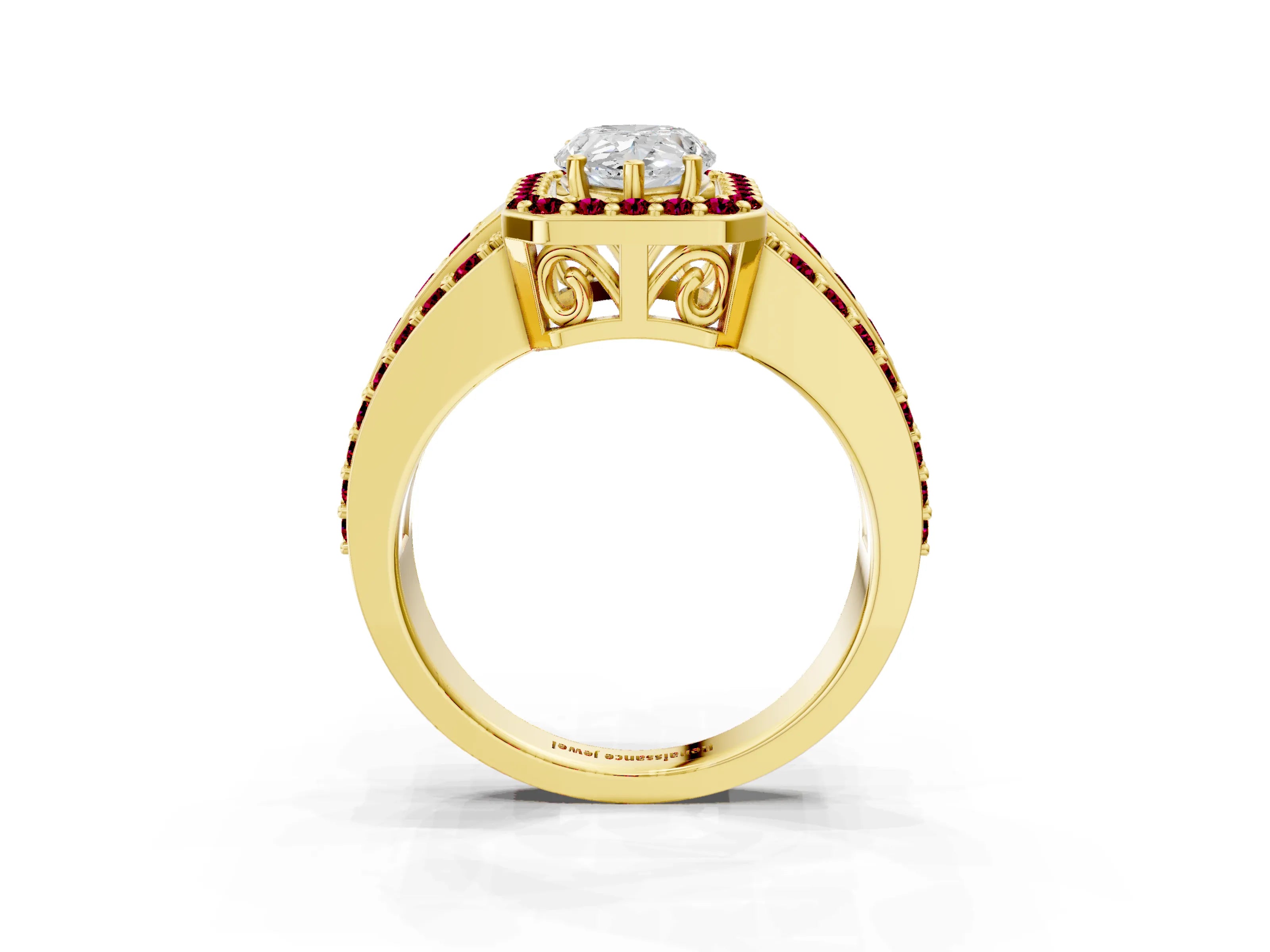Yellow gold Pear Cut Halo Diamond Ring with Round with Garnet side stone Split Shank and Prong Setting_3