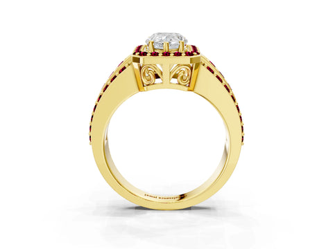 Yellow gold Pear Cut Halo Diamond Ring with Round with Garnet side stone Split Shank and Prong Setting_3