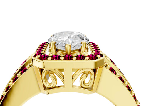 Yellow gold Pear Cut Halo Diamond Ring with Round with Garnet side stone Split Shank and Prong Setting_4