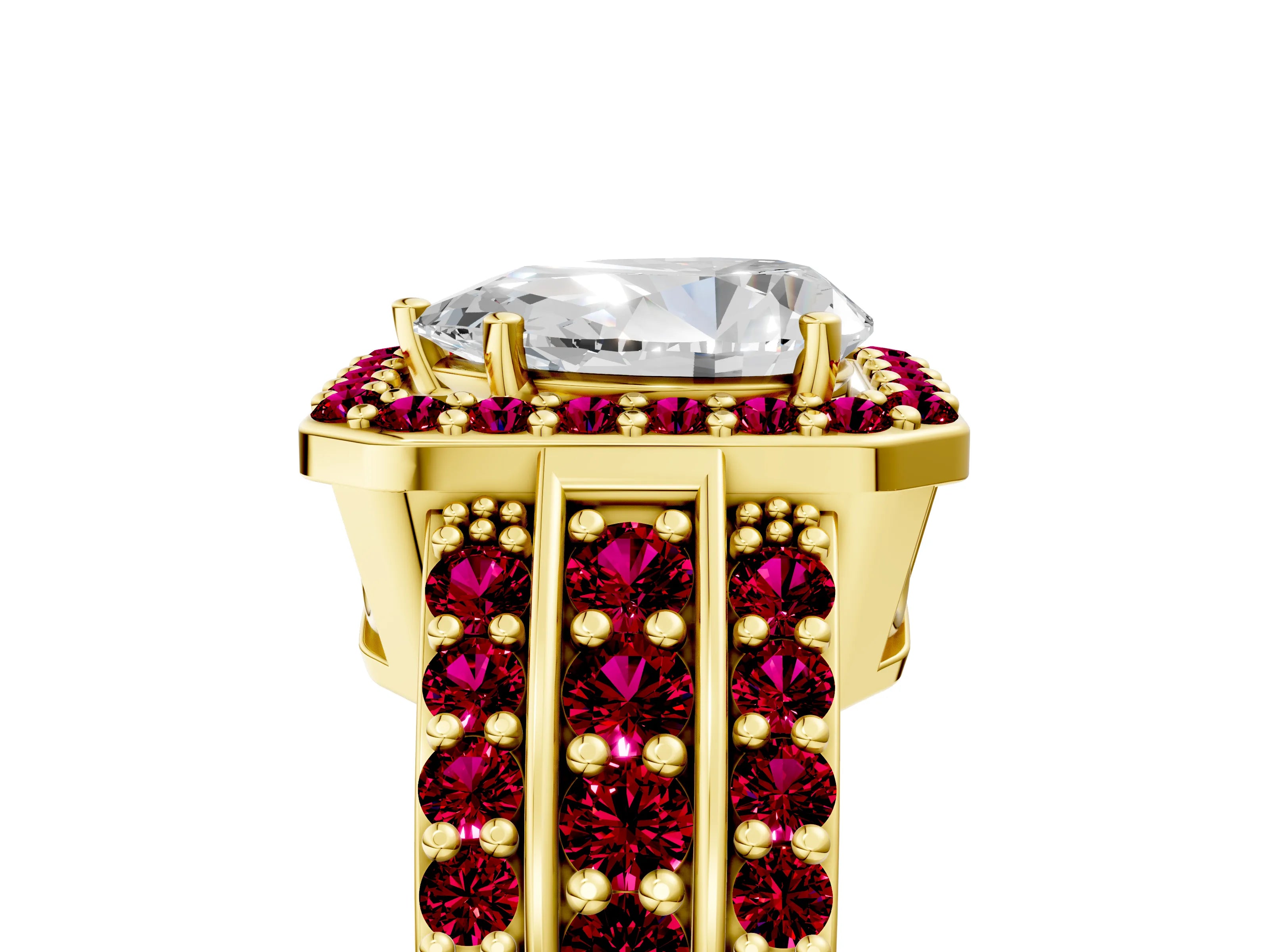 Yellow gold Pear Cut Halo Diamond Ring with Round with Garnet side stone Split Shank and Prong Setting_5