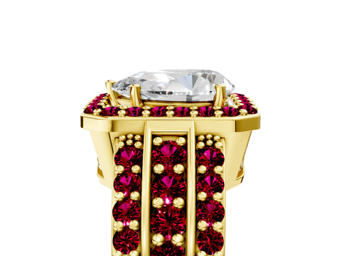Yellow gold Pear Cut Halo Diamond Ring with Round with Garnet side stone Split Shank and Prong Setting_5