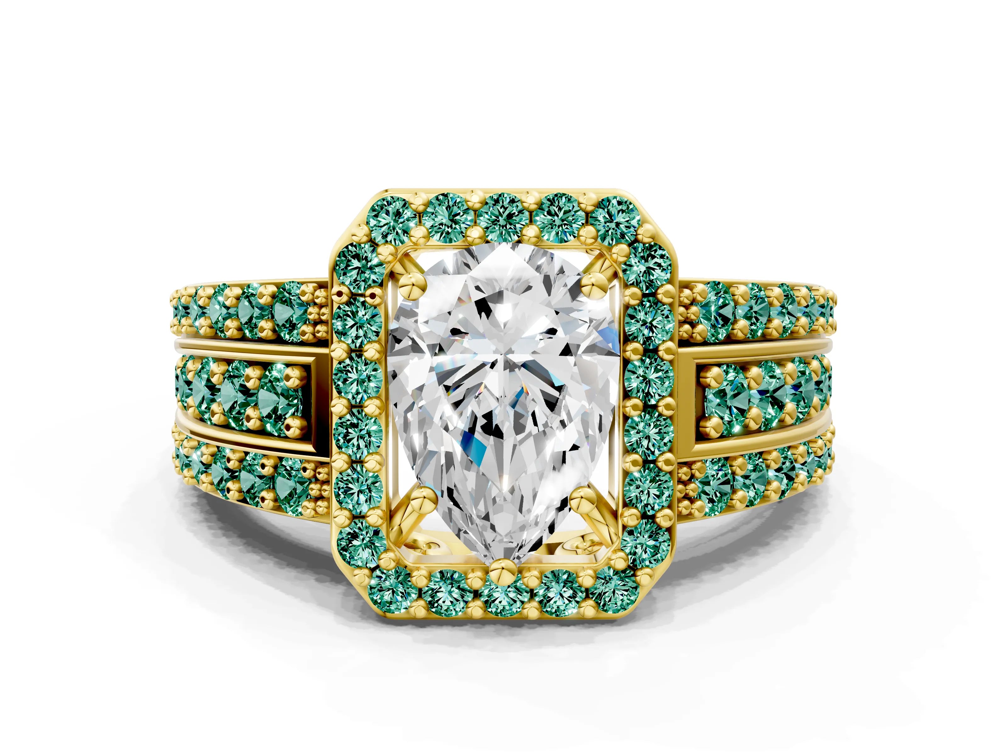 Yellow gold Pear Cut Halo Diamond Ring with Round with Green Sapphire side stone Split Shank and Prong Setting