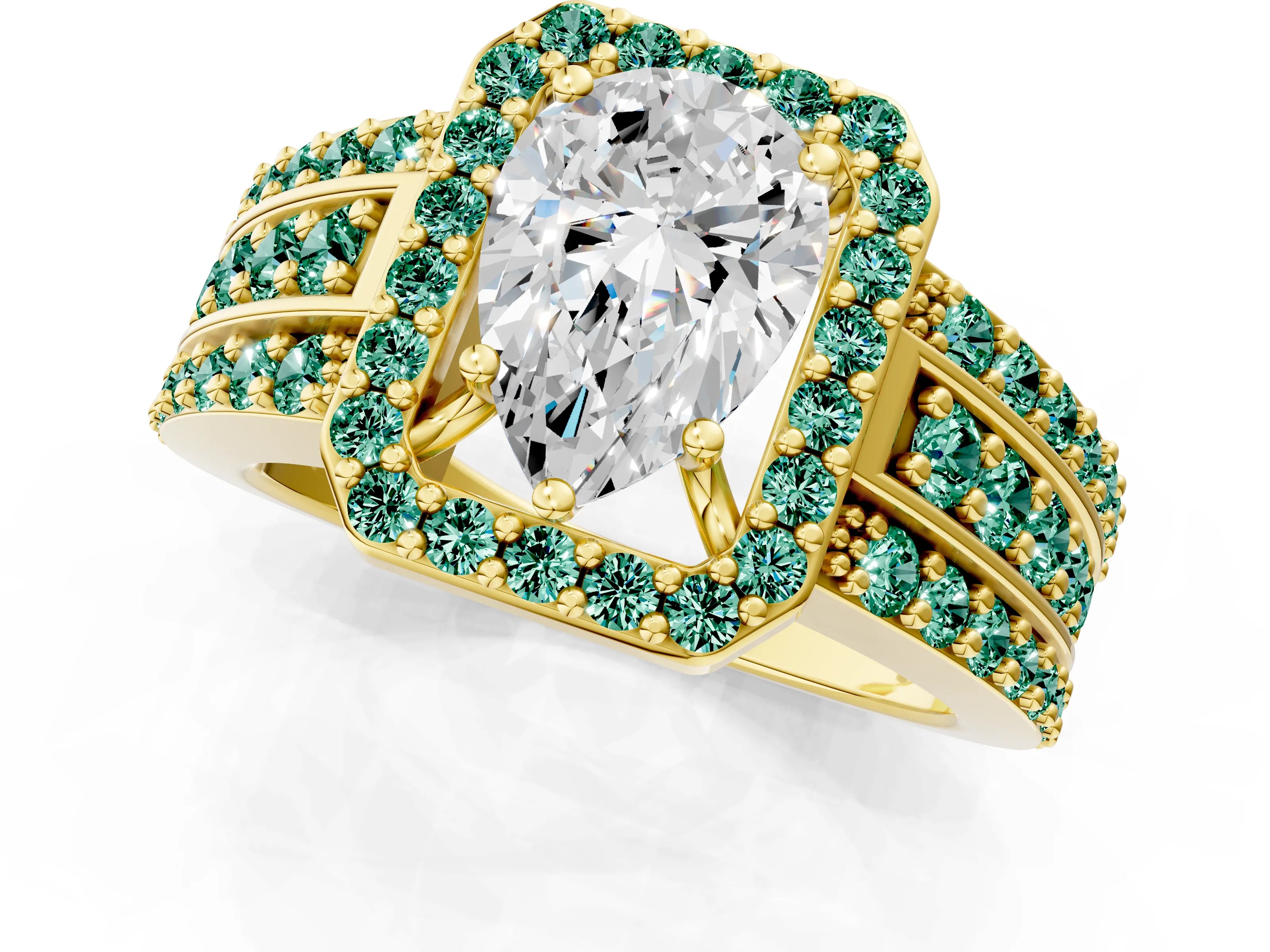Yellow gold Pear Cut Halo Diamond Ring with Round with Green Sapphire side stone Split Shank and Prong Setting_1