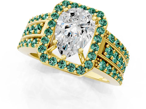 Yellow gold Pear Cut Halo Diamond Ring with Round with Green Sapphire side stone Split Shank and Prong Setting_1
