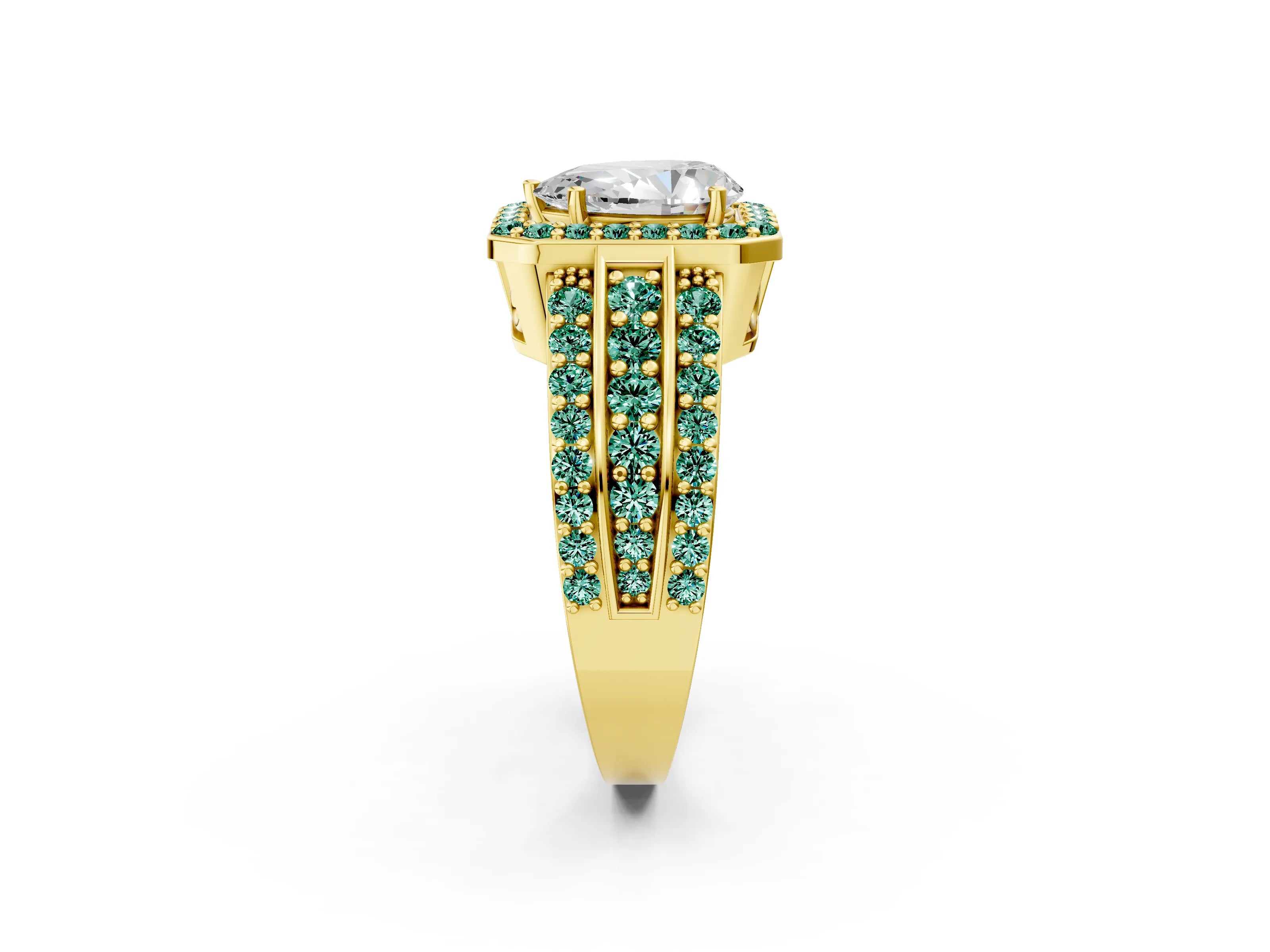 Yellow gold Pear Cut Halo Diamond Ring with Round with Green Sapphire side stone Split Shank and Prong Setting_2