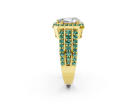Yellow gold Pear Cut Halo Diamond Ring with Round with Green Sapphire side stone Split Shank and Prong Setting_2