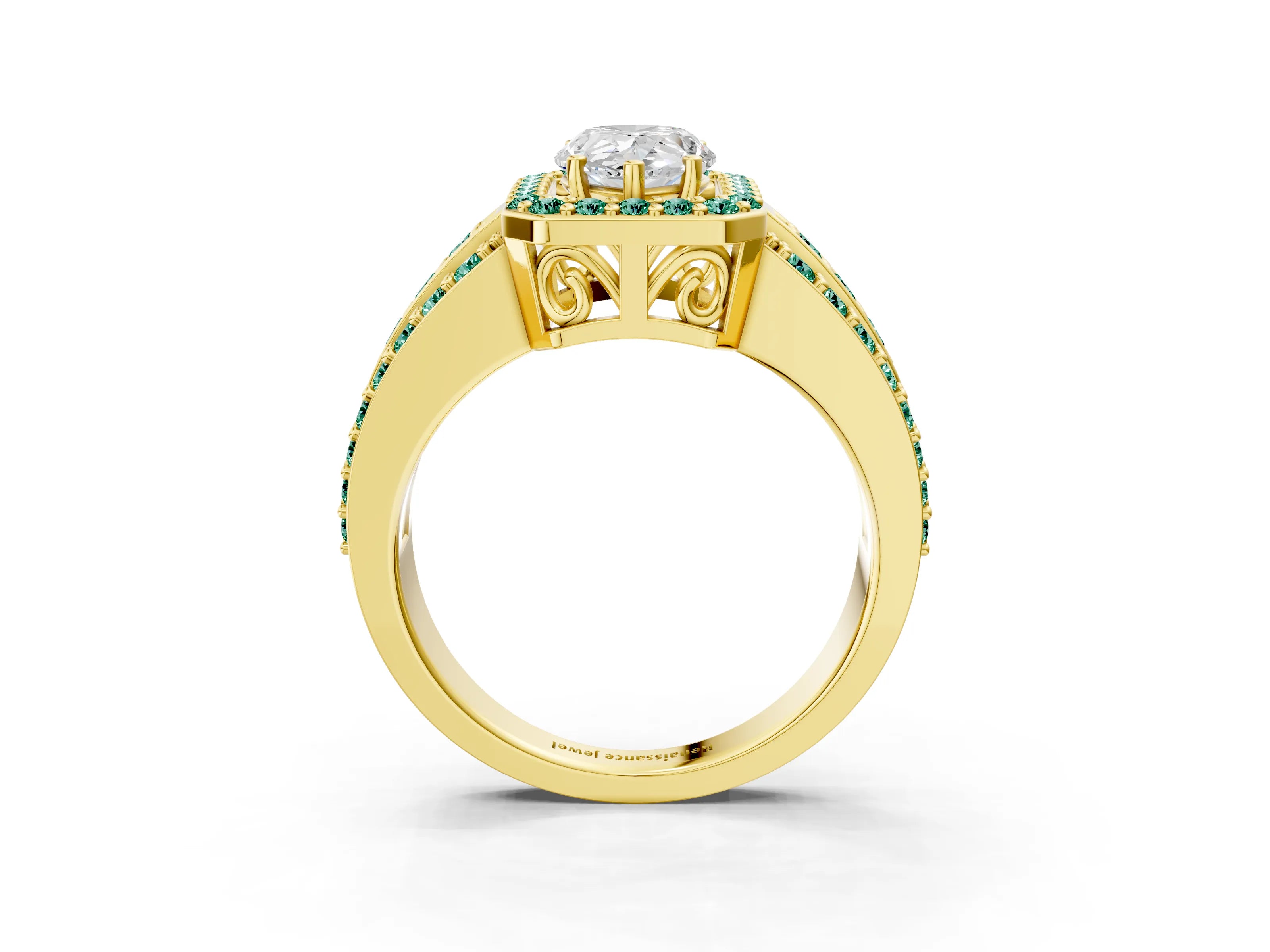 Yellow gold Pear Cut Halo Diamond Ring with Round with Green Sapphire side stone Split Shank and Prong Setting_3