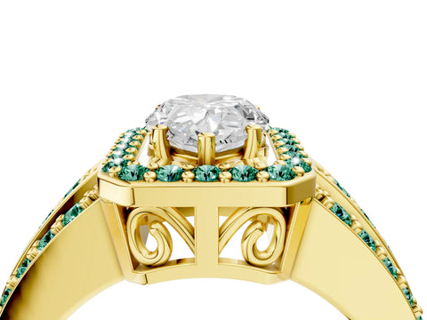 Yellow gold Pear Cut Halo Diamond Ring with Round with Green Sapphire side stone Split Shank and Prong Setting_4