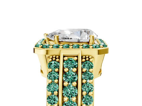 Yellow gold Pear Cut Halo Diamond Ring with Round with Green Sapphire side stone Split Shank and Prong Setting_5
