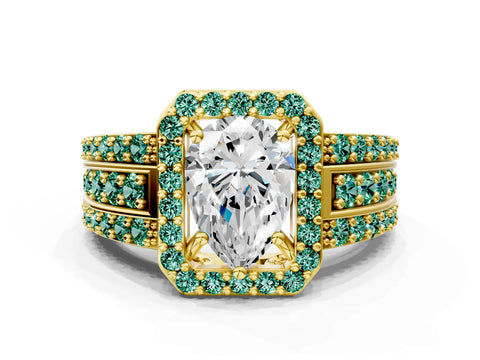 Yellow gold Pear Cut Halo Diamond Ring with Round with Green Sapphire side stone Split Shank and Prong Setting