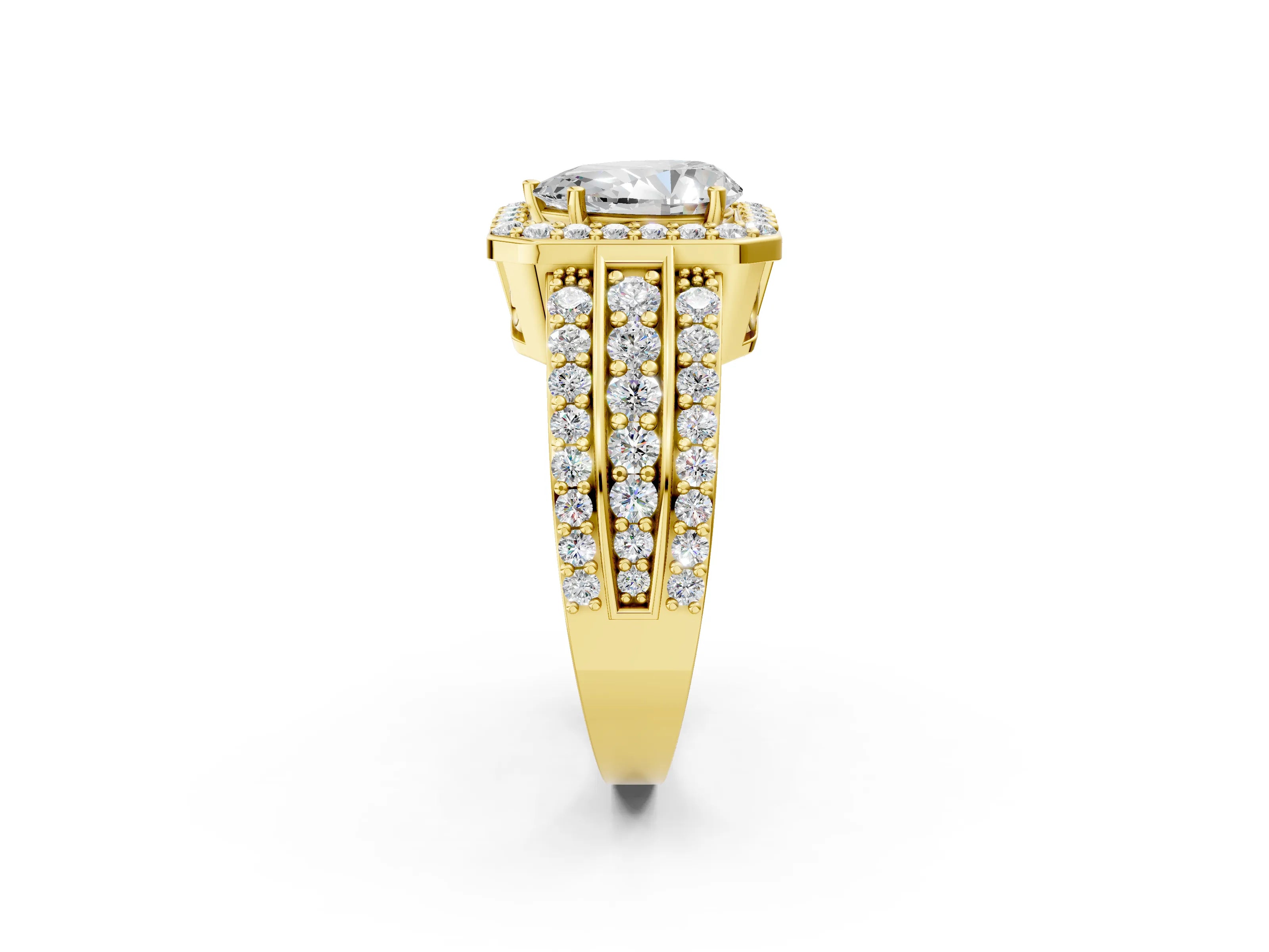 Yellow gold Pear Cut Halo Diamond Ring with Round with Moissanite side stone Split Shank and Prong Setting_2