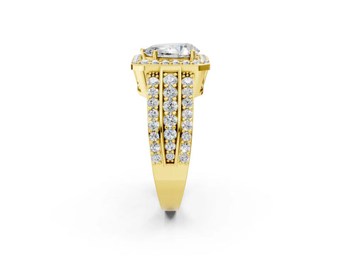 Yellow gold Pear Cut Halo Diamond Ring with Round with Moissanite side stone Split Shank and Prong Setting_2