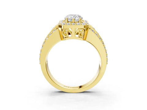 Yellow gold Pear Cut Halo Diamond Ring with Round with Moissanite side stone Split Shank and Prong Setting_3