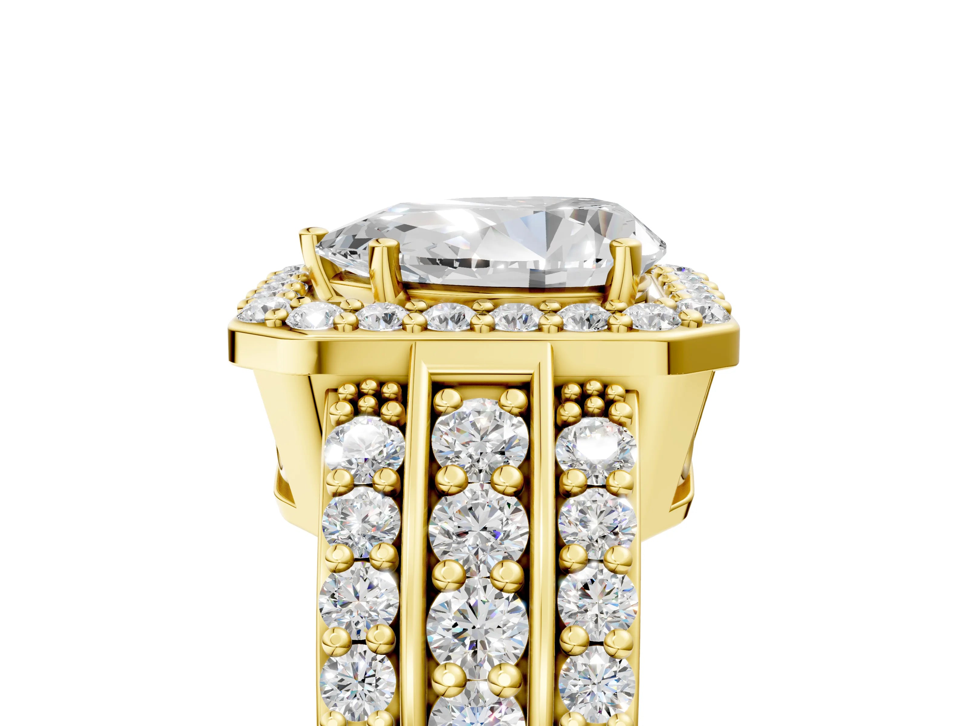 Yellow gold Pear Cut Halo Diamond Ring with Round with Moissanite side stone Split Shank and Prong Setting_5