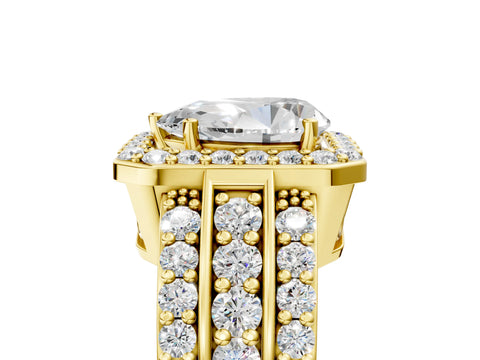 Yellow gold Pear Cut Halo Diamond Ring with Round with Moissanite side stone Split Shank and Prong Setting_5
