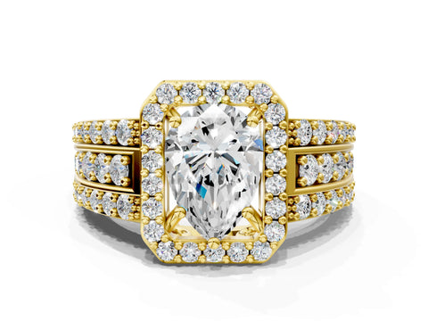 Yellow gold Pear Cut Halo Diamond Ring with Round with Moissanite side stone Split Shank and Prong Setting