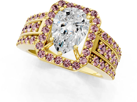 Yellow gold Pear Cut Halo Diamond Ring with Round with Morganite side stone Split Shank and Prong Setting_1