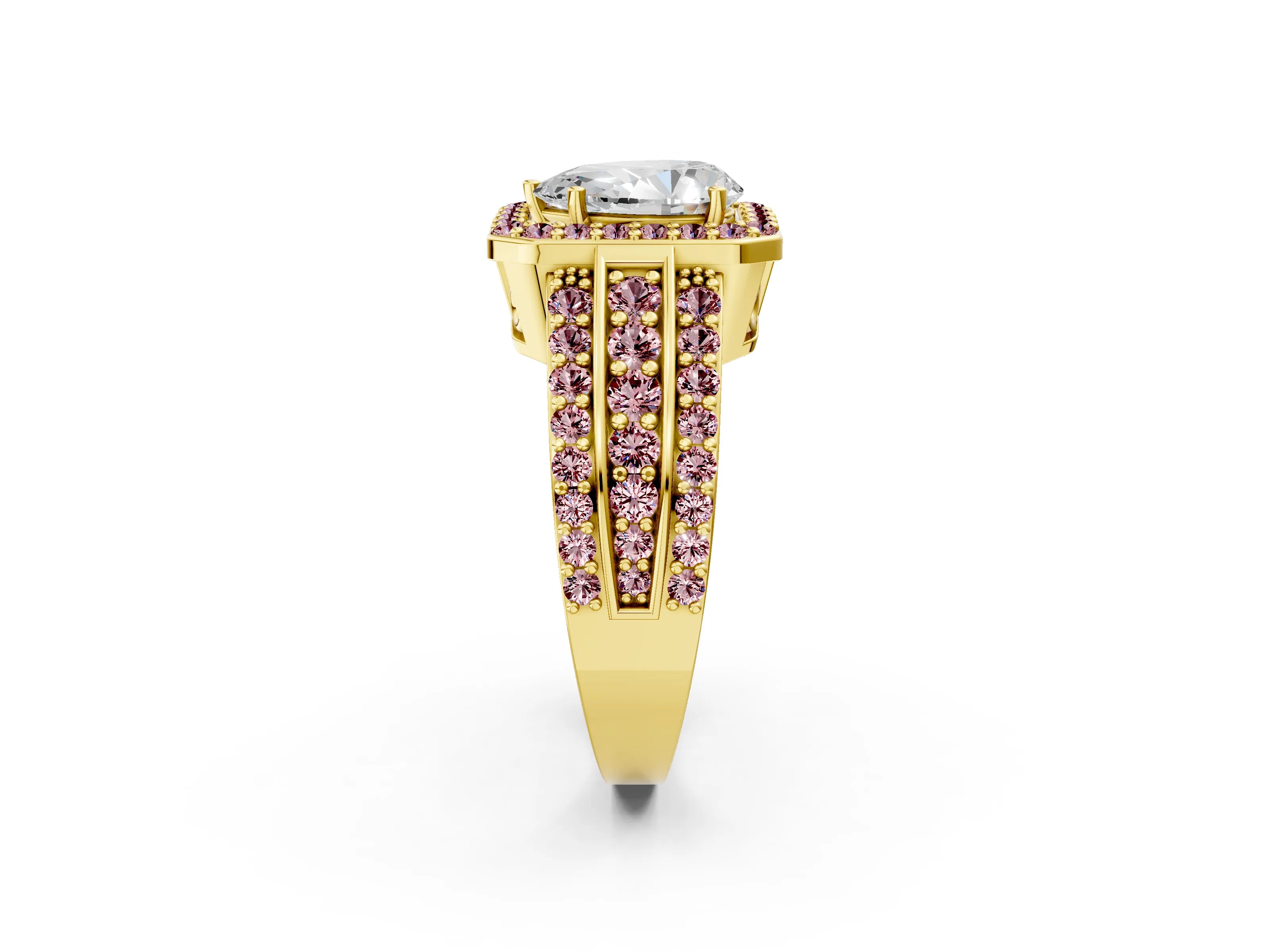Yellow gold Pear Cut Halo Diamond Ring with Round with Morganite side stone Split Shank and Prong Setting_2