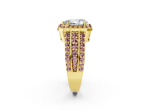 Yellow gold Pear Cut Halo Diamond Ring with Round with Morganite side stone Split Shank and Prong Setting_2