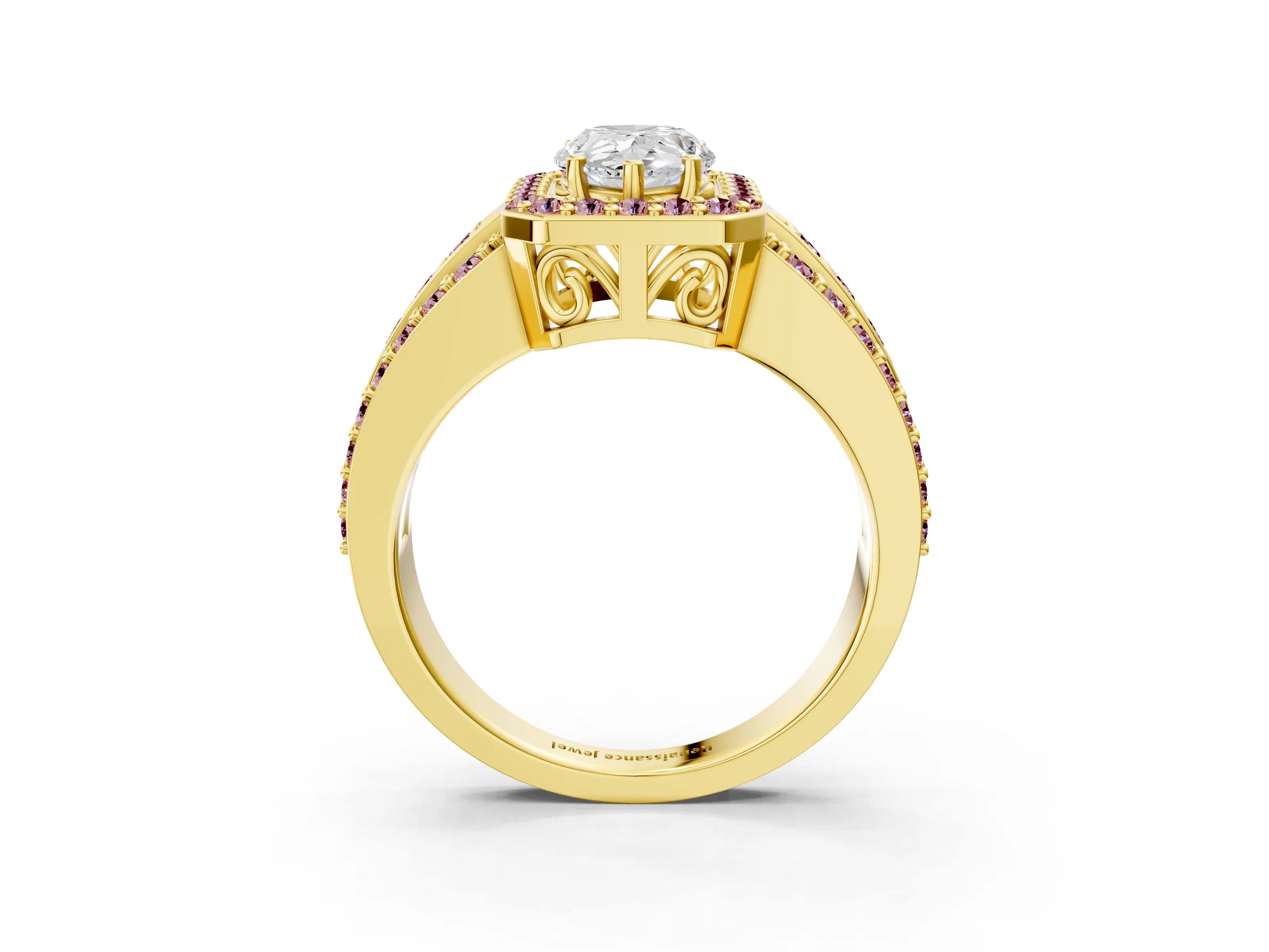 Yellow gold Pear Cut Halo Diamond Ring with Round with Morganite side stone Split Shank and Prong Setting_3