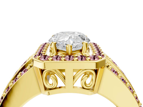 Yellow gold Pear Cut Halo Diamond Ring with Round with Morganite side stone Split Shank and Prong Setting_4