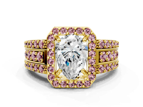 Yellow gold Pear Cut Halo Diamond Ring with Round with Morganite side stone Split Shank and Prong Setting