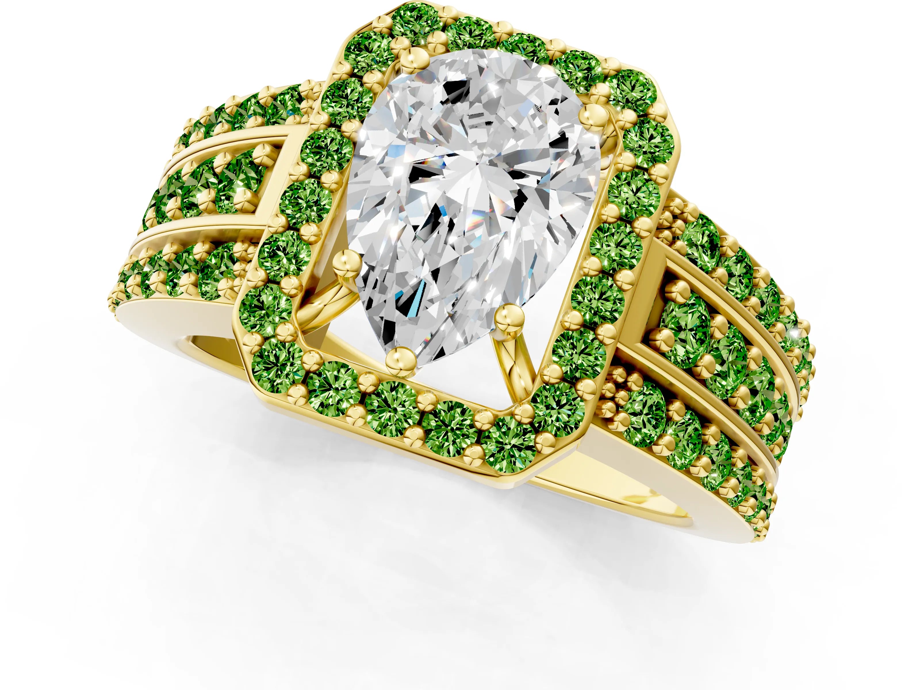 Yellow gold Pear Cut Halo Diamond Ring with Round with Peridot side stone Split Shank and Prong Setting_1