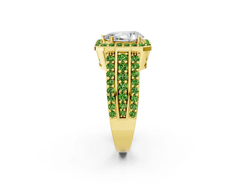 Yellow gold Pear Cut Halo Diamond Ring with Round with Peridot side stone Split Shank and Prong Setting_2