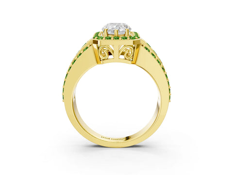 Yellow gold Pear Cut Halo Diamond Ring with Round with Peridot side stone Split Shank and Prong Setting_3