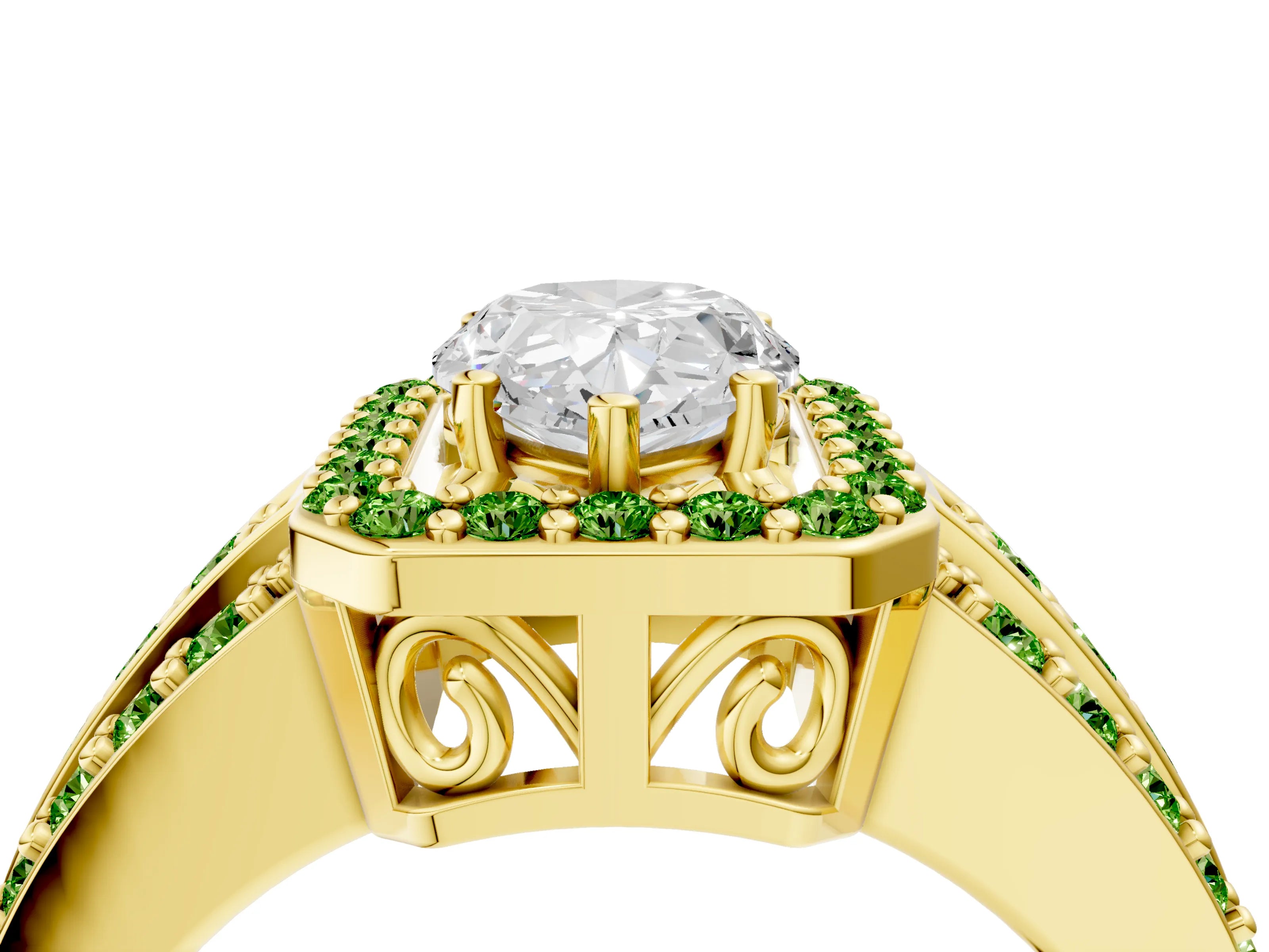 Yellow gold Pear Cut Halo Diamond Ring with Round with Peridot side stone Split Shank and Prong Setting_4