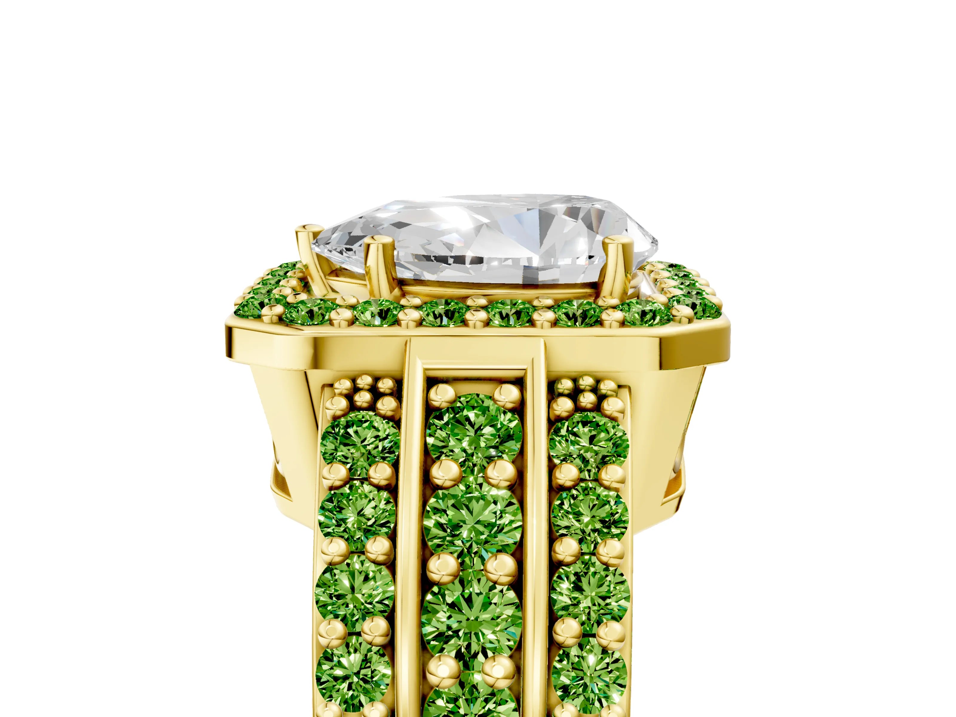 Yellow gold Pear Cut Halo Diamond Ring with Round with Peridot side stone Split Shank and Prong Setting_5