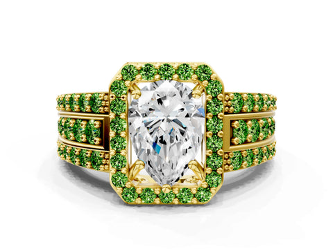 Yellow gold Pear Cut Halo Diamond Ring with Round with Peridot side stone Split Shank and Prong Setting