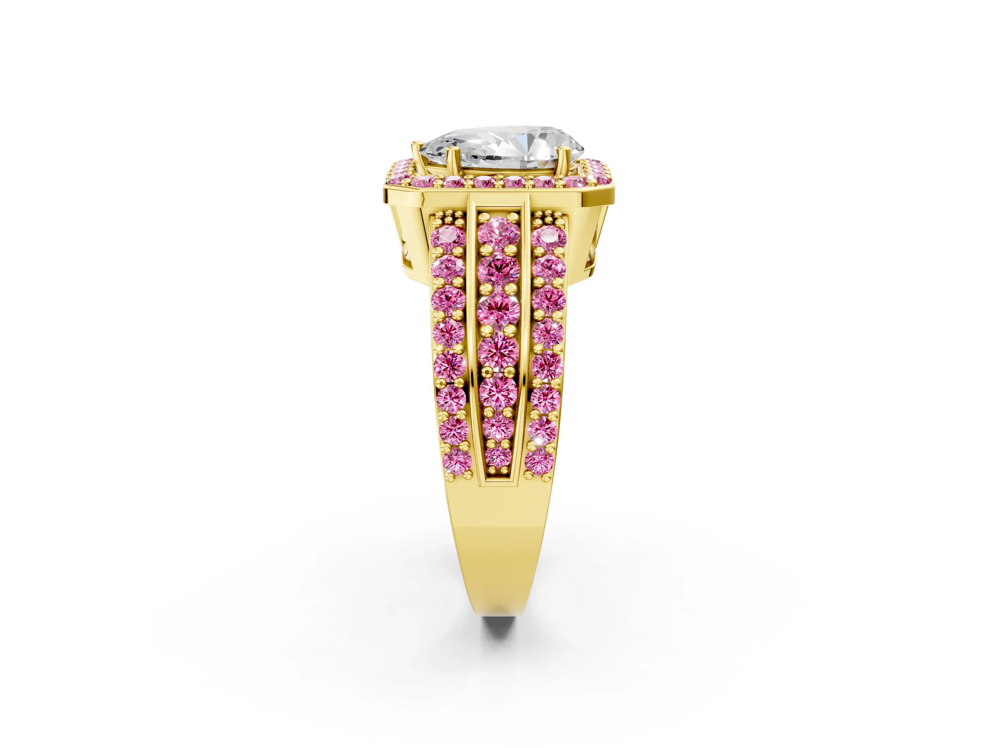 Yellow gold Pear Cut Halo Diamond Ring with Round with Pink Sapphire side stone Split Shank and Prong Setting_2