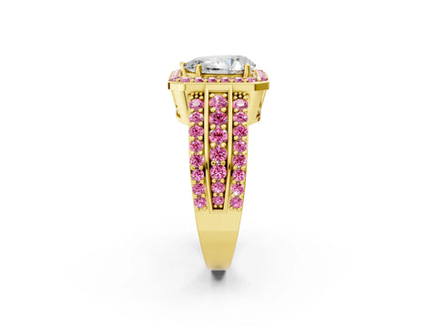 Yellow gold Pear Cut Halo Diamond Ring with Round with Pink Sapphire side stone Split Shank and Prong Setting_2