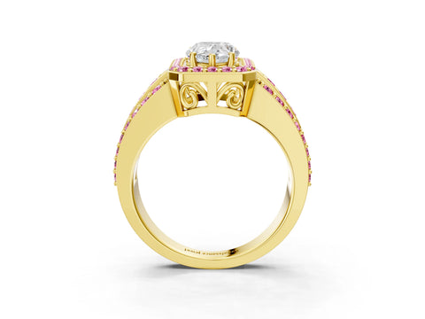 Yellow gold Pear Cut Halo Diamond Ring with Round with Pink Sapphire side stone Split Shank and Prong Setting_3