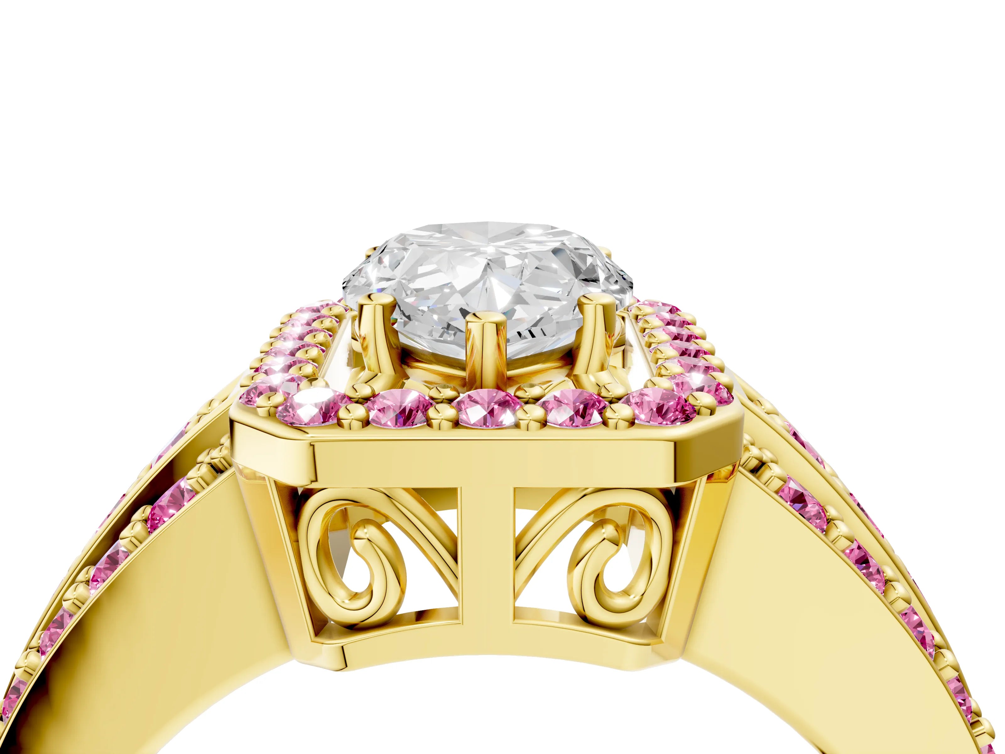 Yellow gold Pear Cut Halo Diamond Ring with Round with Pink Sapphire side stone Split Shank and Prong Setting_4