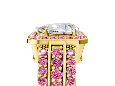 Yellow gold Pear Cut Halo Diamond Ring with Round with Pink Sapphire side stone Split Shank and Prong Setting_5