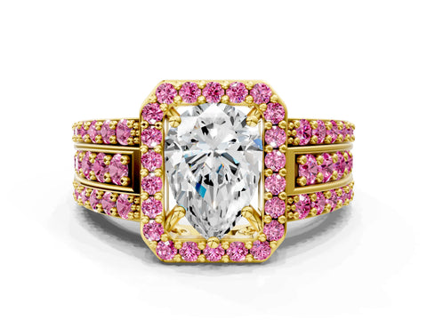 Yellow gold Pear Cut Halo Diamond Ring with Round with Pink Sapphire side stone Split Shank and Prong Setting