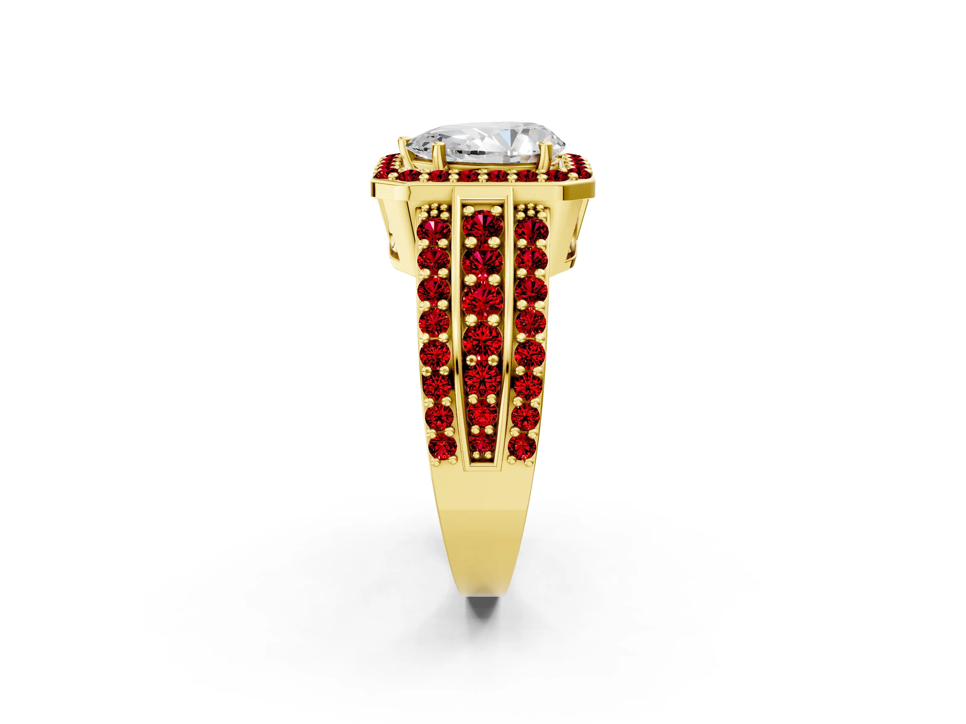 Yellow gold Pear Cut Halo Diamond Ring with Round with Ruby side stone Split Shank and Prong Setting_2