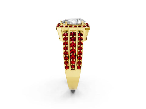Yellow gold Pear Cut Halo Diamond Ring with Round with Ruby side stone Split Shank and Prong Setting_2